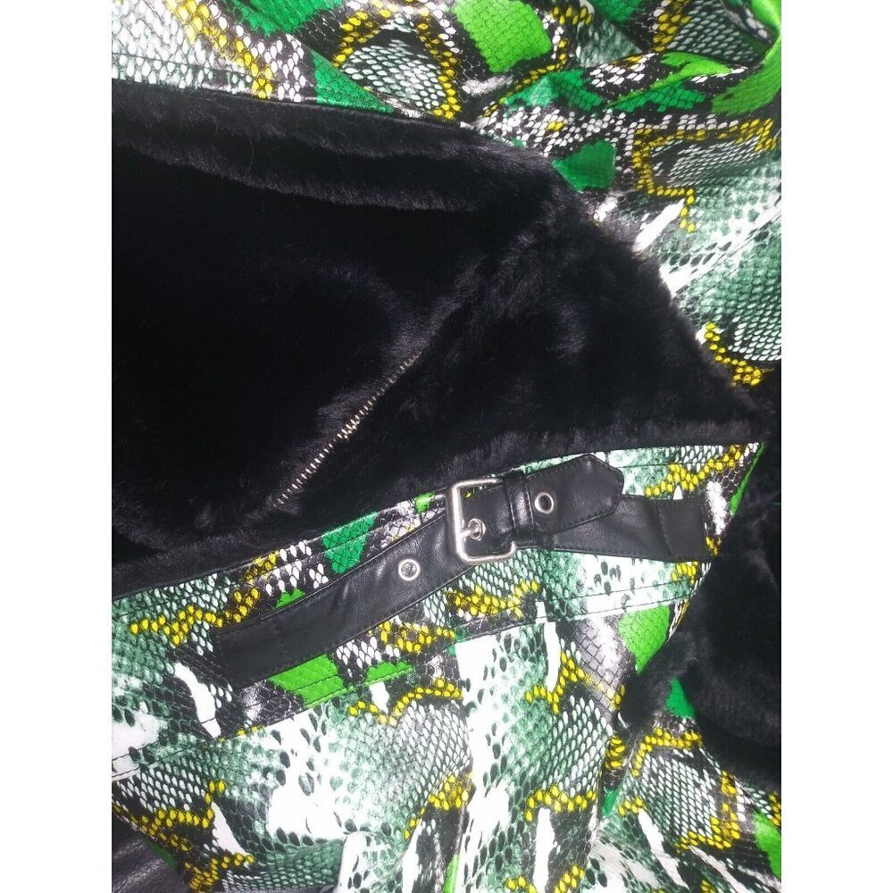 NEW MOD-X Bomber Jacket SNAKE REPTILE PRINT Womens XL Green black FAUX FUR LINED - Picture 13 of 15